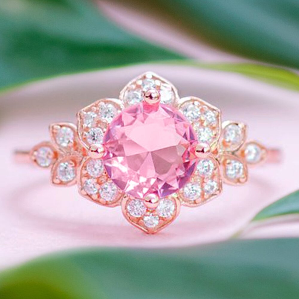 Pink Gemstone Flower ring, 925 Sterling Silver, 18k rose gold Charmed Aroma